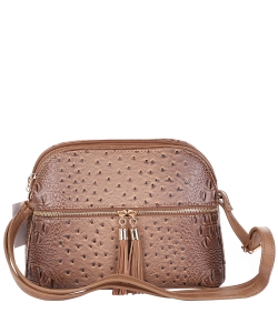 Ostrich Embossed Multi-Compartment Cross Body with Zip Tassel OS050 STONE